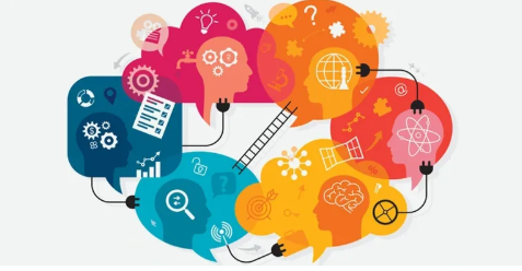 Colorful heads filled with creative and intellectual icons.
