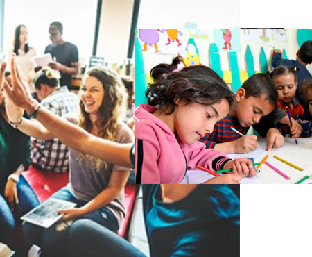 Children and adults engaged in joyful creative activities together.