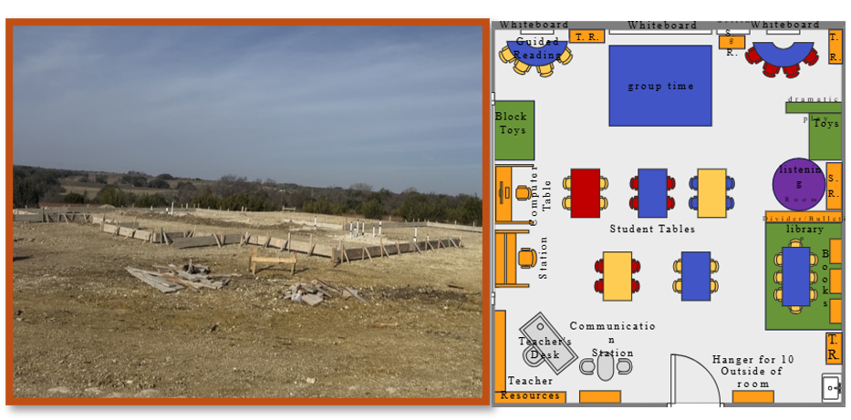 A dry, barren field with a small, simple school layout plan beside it.