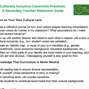 Culturally Inclusive Classroom Practices: Secondary Teacher Reference Guide