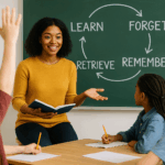 Teacher next to chalkboard with students hands raised - memory cycle on the chalkboard written out