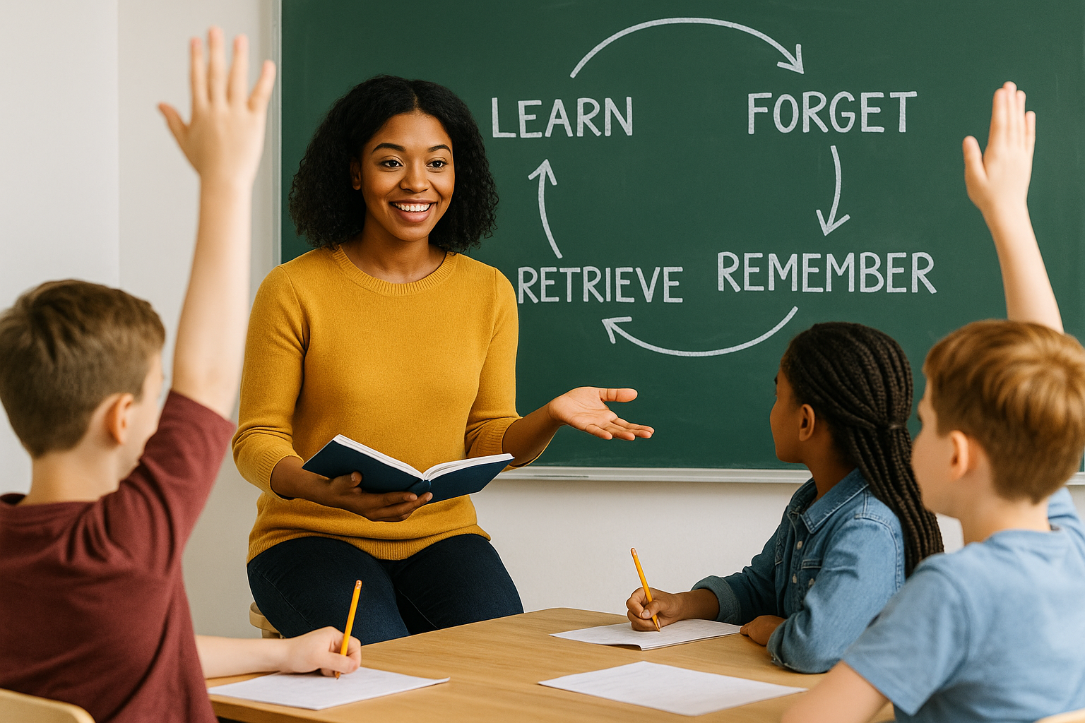 Teacher next to chalkboard with students hands raised - memory cycle on the chalkboard written out